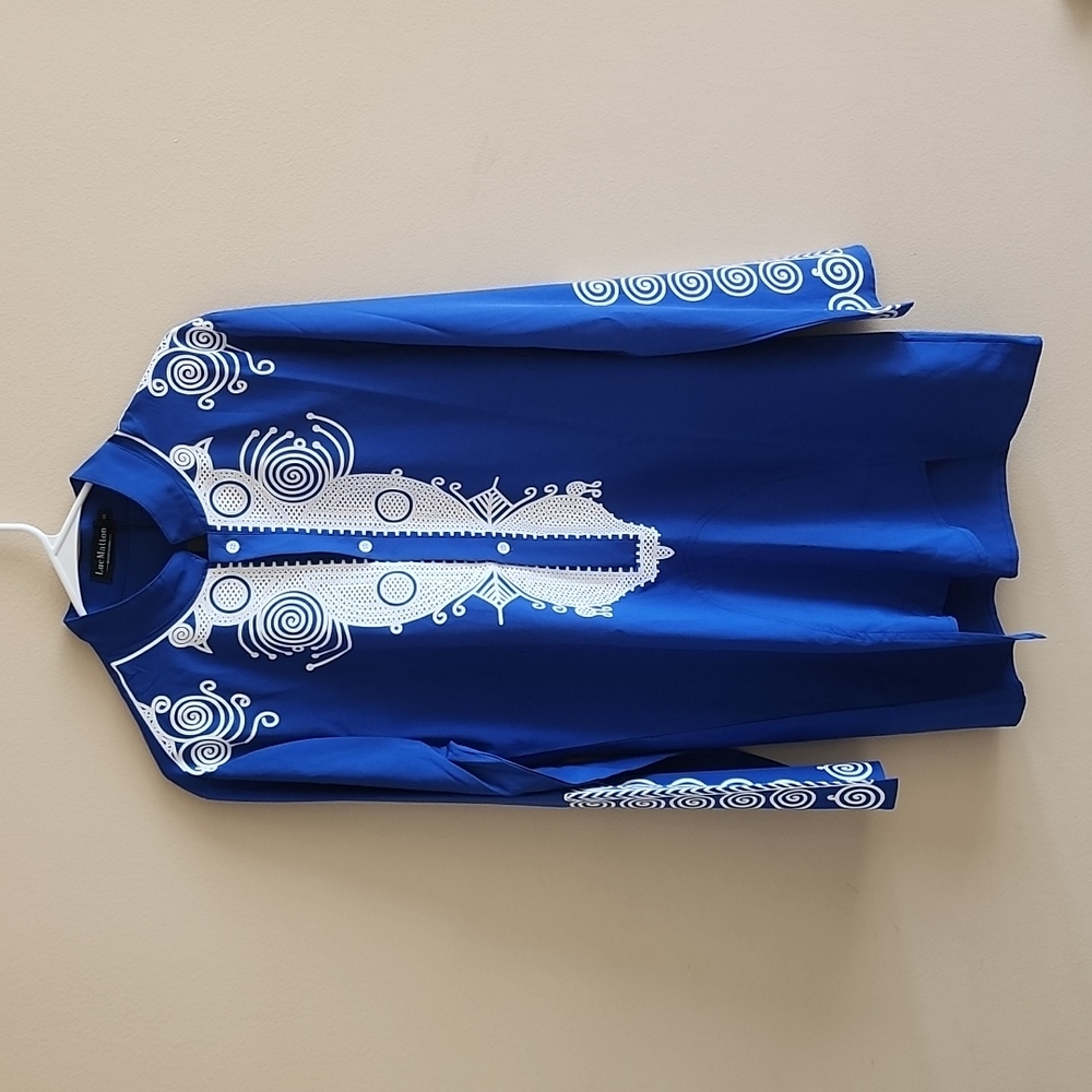 LucMatton Men's Dashiki S Royal Blue & White Tribal Print Mandarin Collar NEW